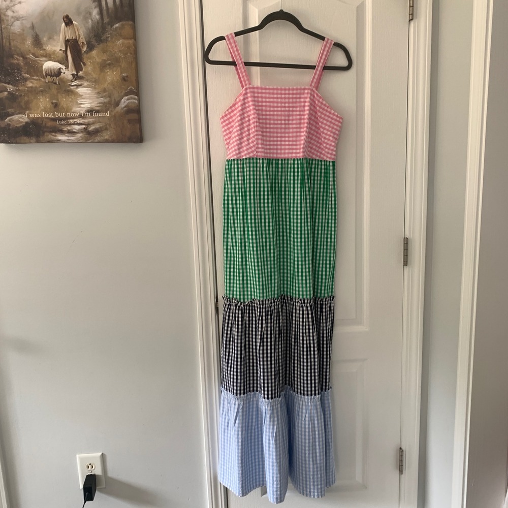 Crown &‎ Ivy Gingham Color Block Tiered Maxi Sundress Sz Small Summer spring